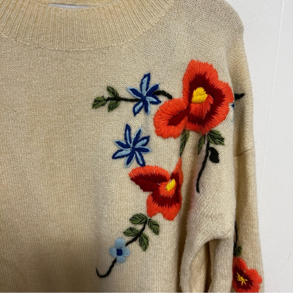 Anthro Harlyn Floral Embroidered Wool Blend Crewneck Sweater Women's Cream - Picture 3 of 9